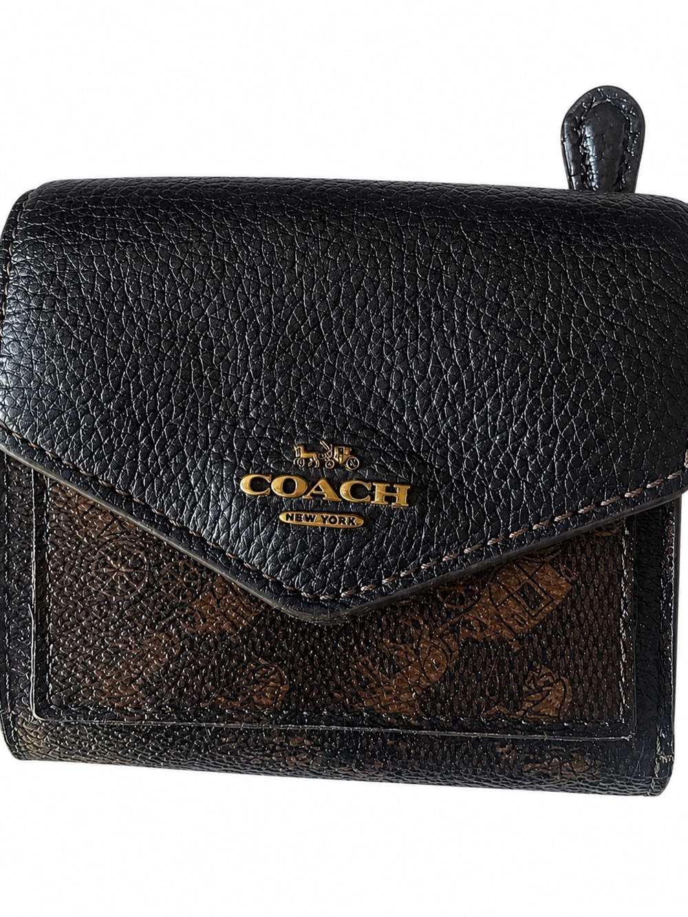 Coach Rehab Black and Brown Leather Bifold Wallet with Gold Logo